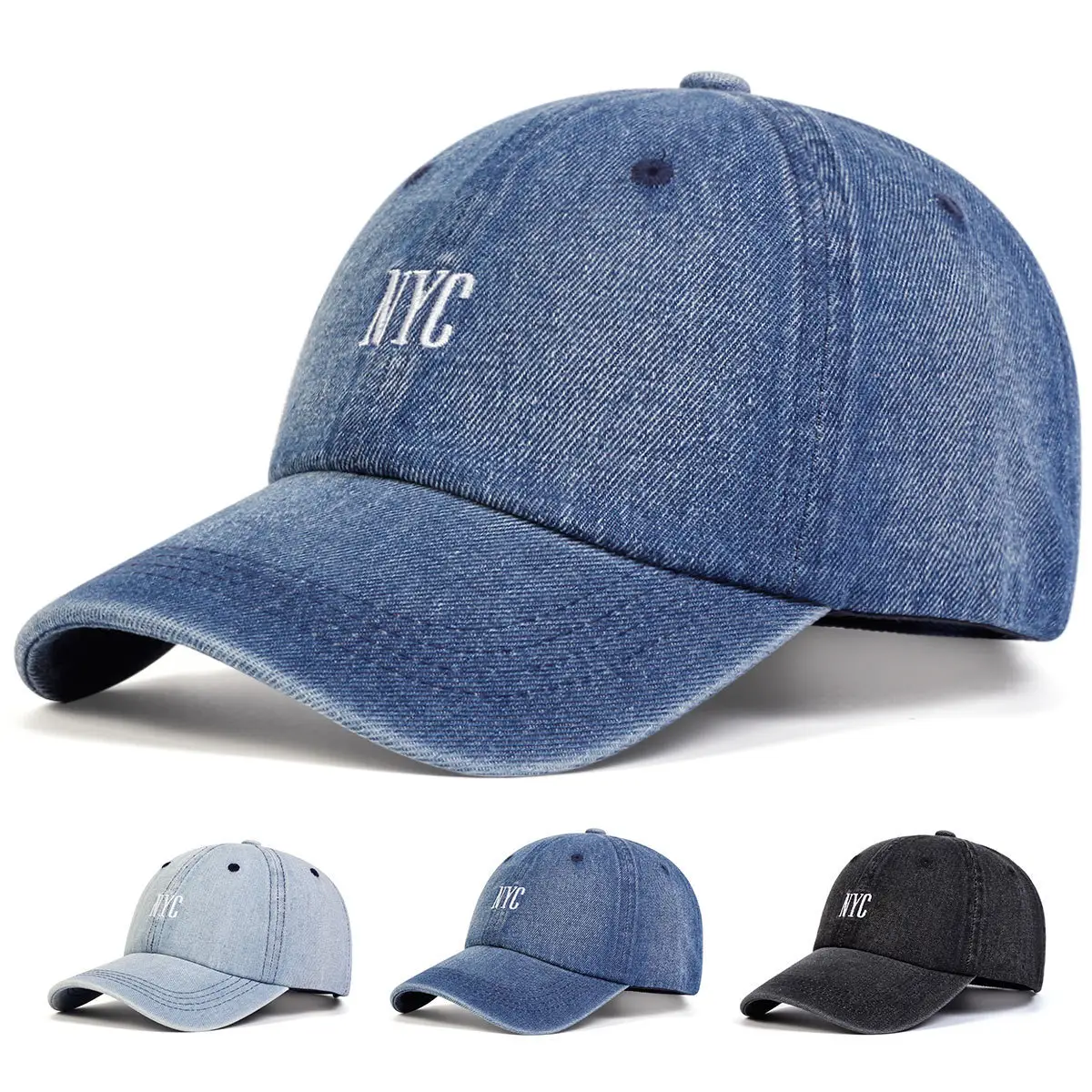 Washed Denim Baseball Cap NYC Embroidered Men Women — feature 1