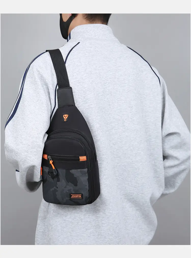 Men's Navy Camo Chest Bag with Orange Zip — feature 19