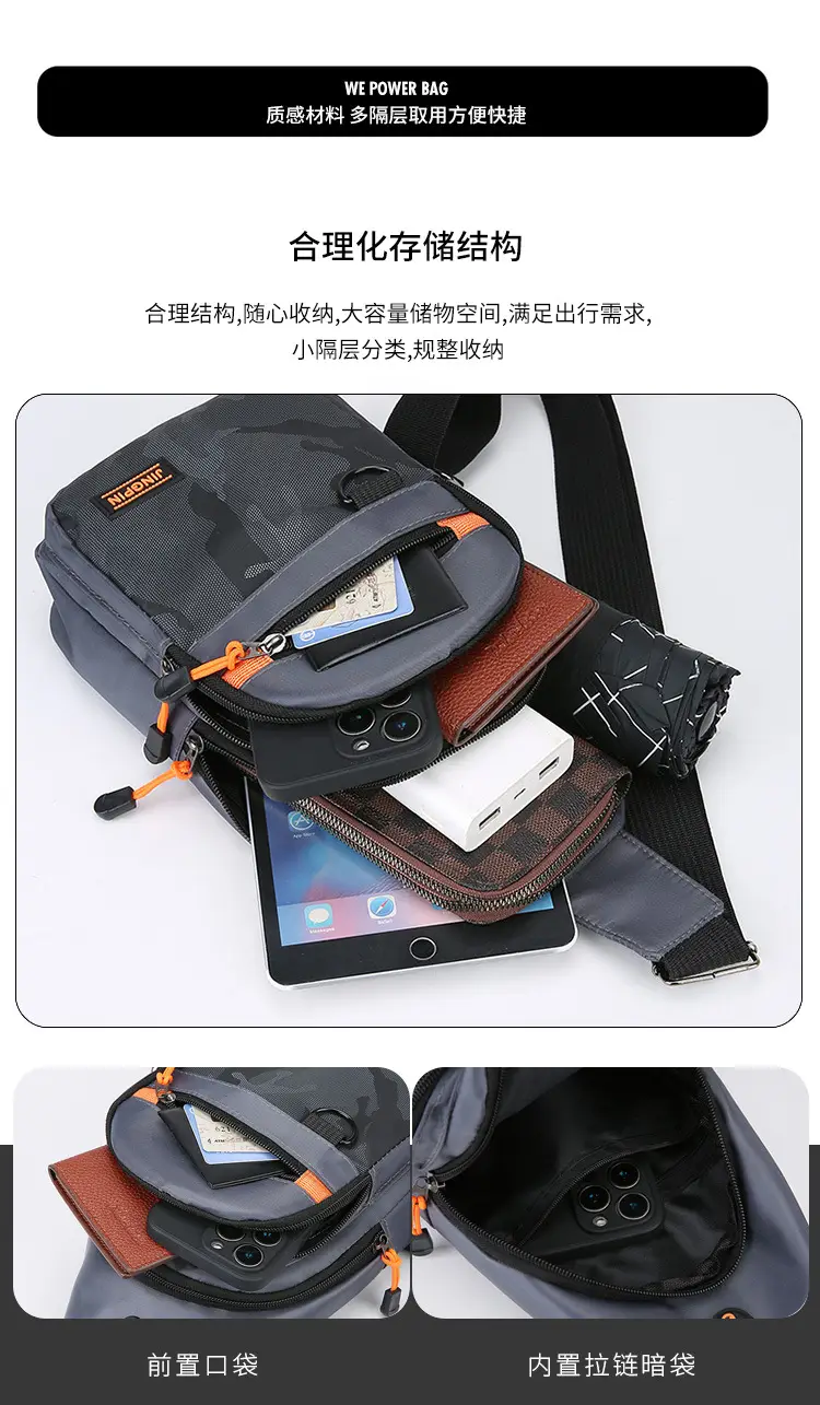 Men's Navy Camo Chest Bag with Orange Zip — feature 9