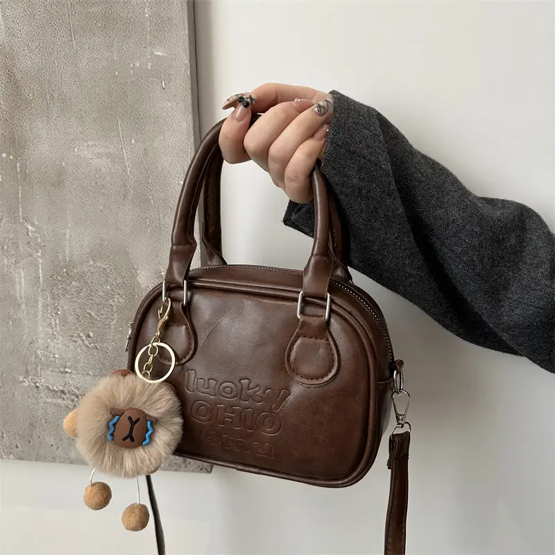 Women's 2025 Retro Shoulder Bag with Pom Pom Charm - Image 4