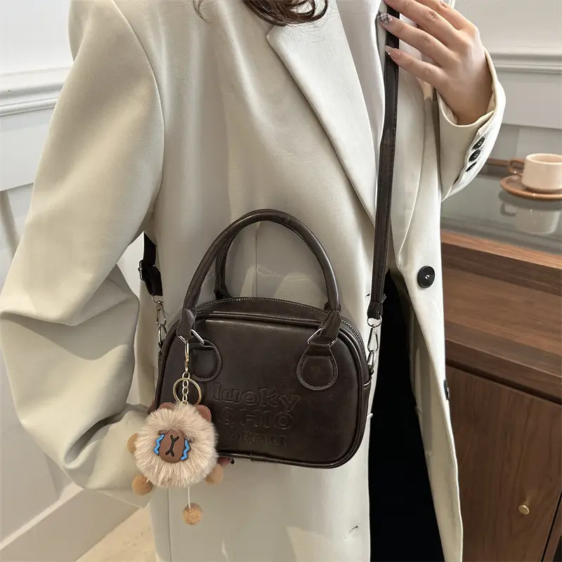 Women's 2025 Retro Shoulder Bag with Pom Pom Charm - Image 5