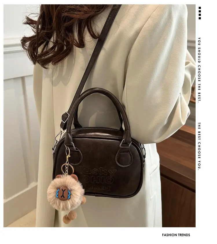 Women's 2025 Retro Shoulder Bag with Pom Pom Charm β feature 2