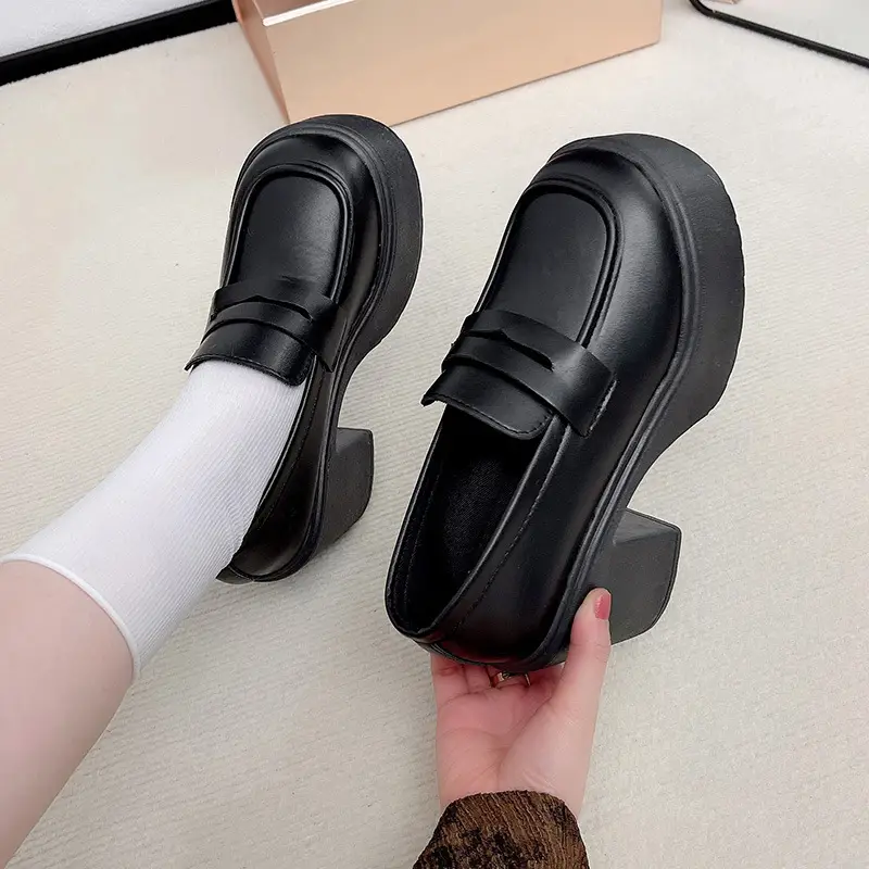 High Heel Loafers Women's New British Style Fashionable Thick Heel Thick Sole Non-slip Casual Black Small Leather Shoes Mary Jane Shoes - Image 4