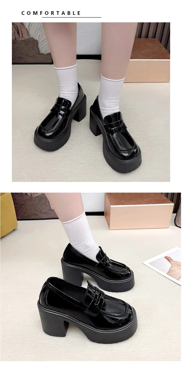 High Heel Loafers Women's New British Style Fashionable Thick Heel Thick Sole Non-slip Casual Black Small Leather Shoes Mary Jane Shoes — feature 10