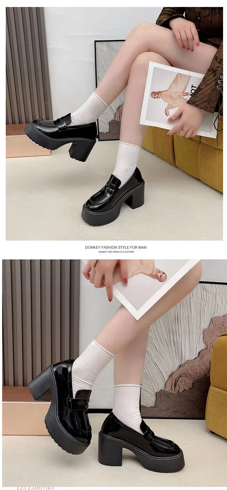 High Heel Loafers Women's New British Style Fashionable Thick Heel Thick Sole Non-slip Casual Black Small Leather Shoes Mary Jane Shoes — feature 11