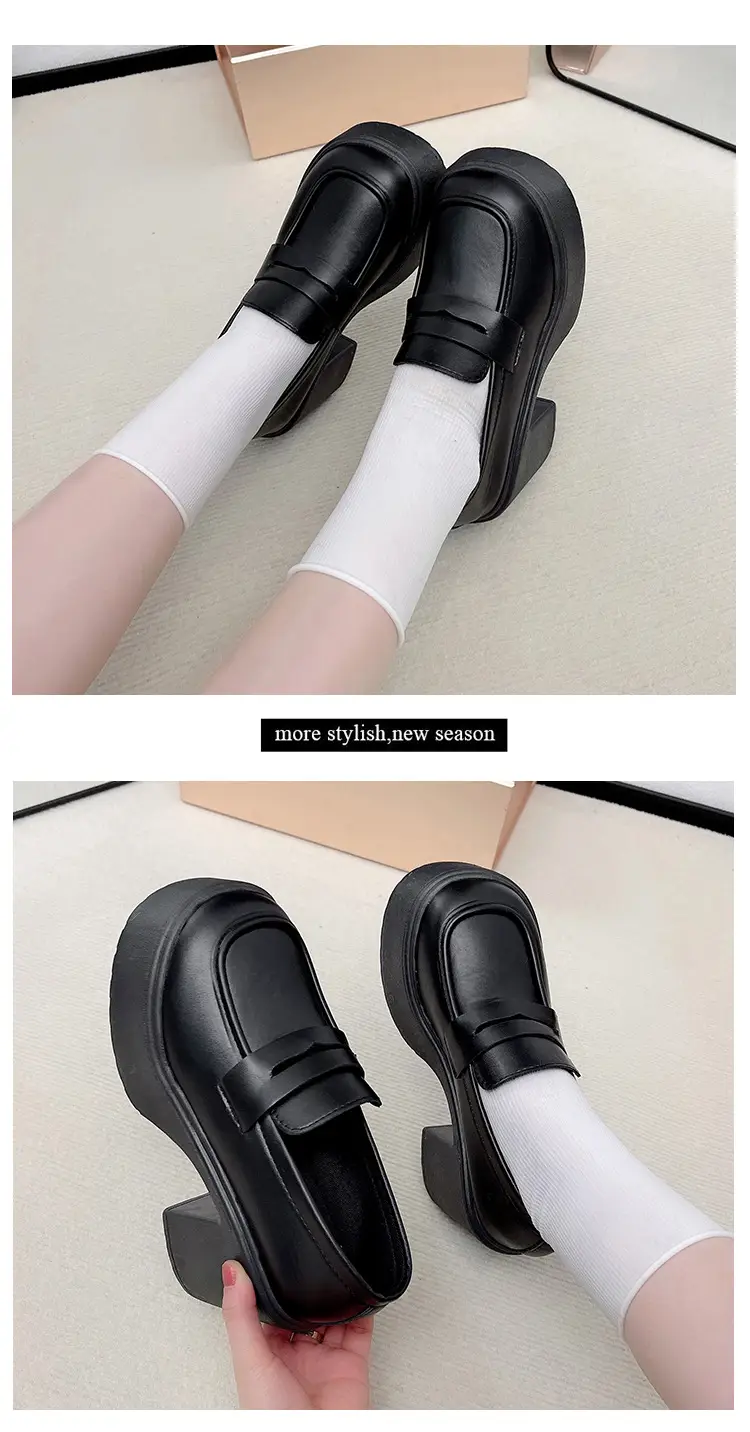 High Heel Loafers Women's New British Style Fashionable Thick Heel Thick Sole Non-slip Casual Black Small Leather Shoes Mary Jane Shoes — feature 8