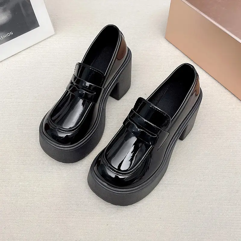High Heel Loafers Women's New British Style Fashionable Thick Heel Thick Sole Non-slip Casual Black Small Leather Shoes Mary Jane Shoes - Image 2