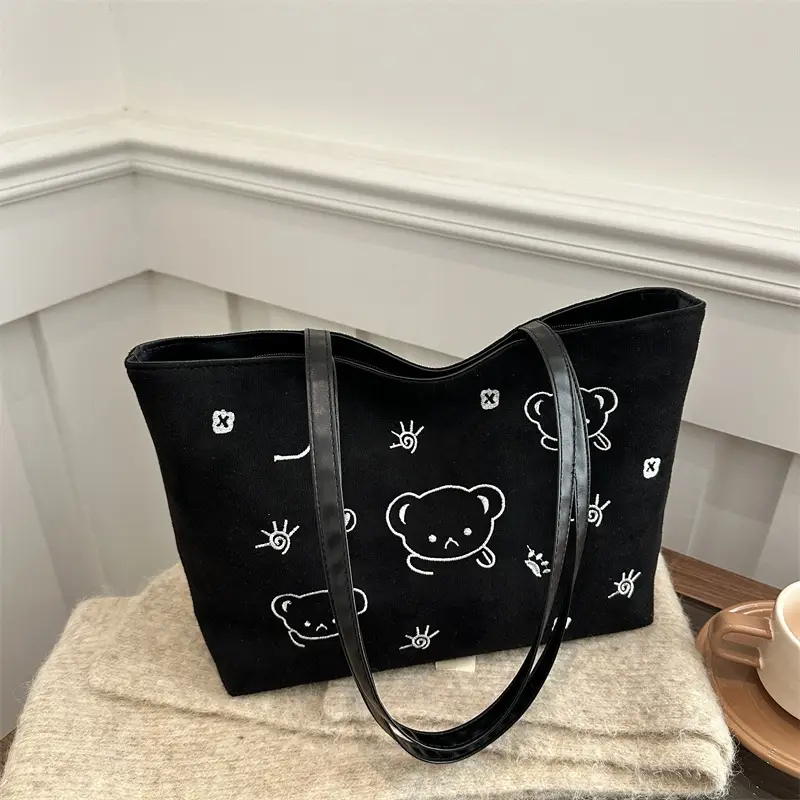 Japanese Embroidered Cartoon Bag for Women Large Capacity Black - Image 5