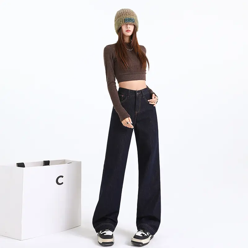Dark Blue Fade-Proof Wide Leg Jeans for Women