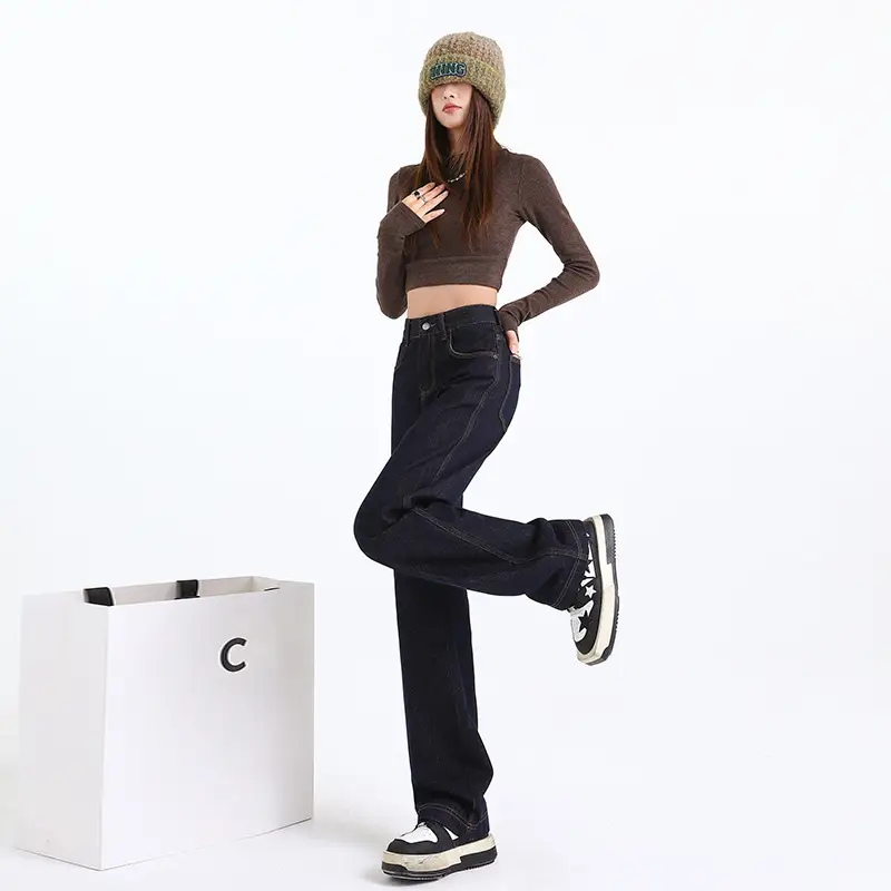 Dark Blue Fade-Proof Wide Leg Jeans for Women