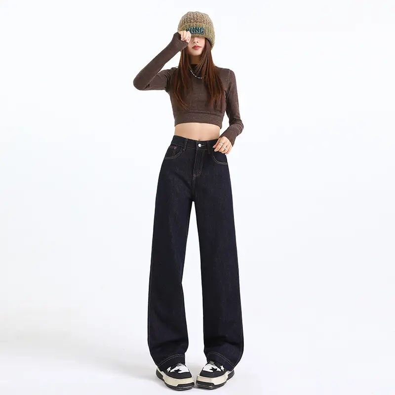 Dark Blue Fade-Proof Wide Leg Jeans for Women
