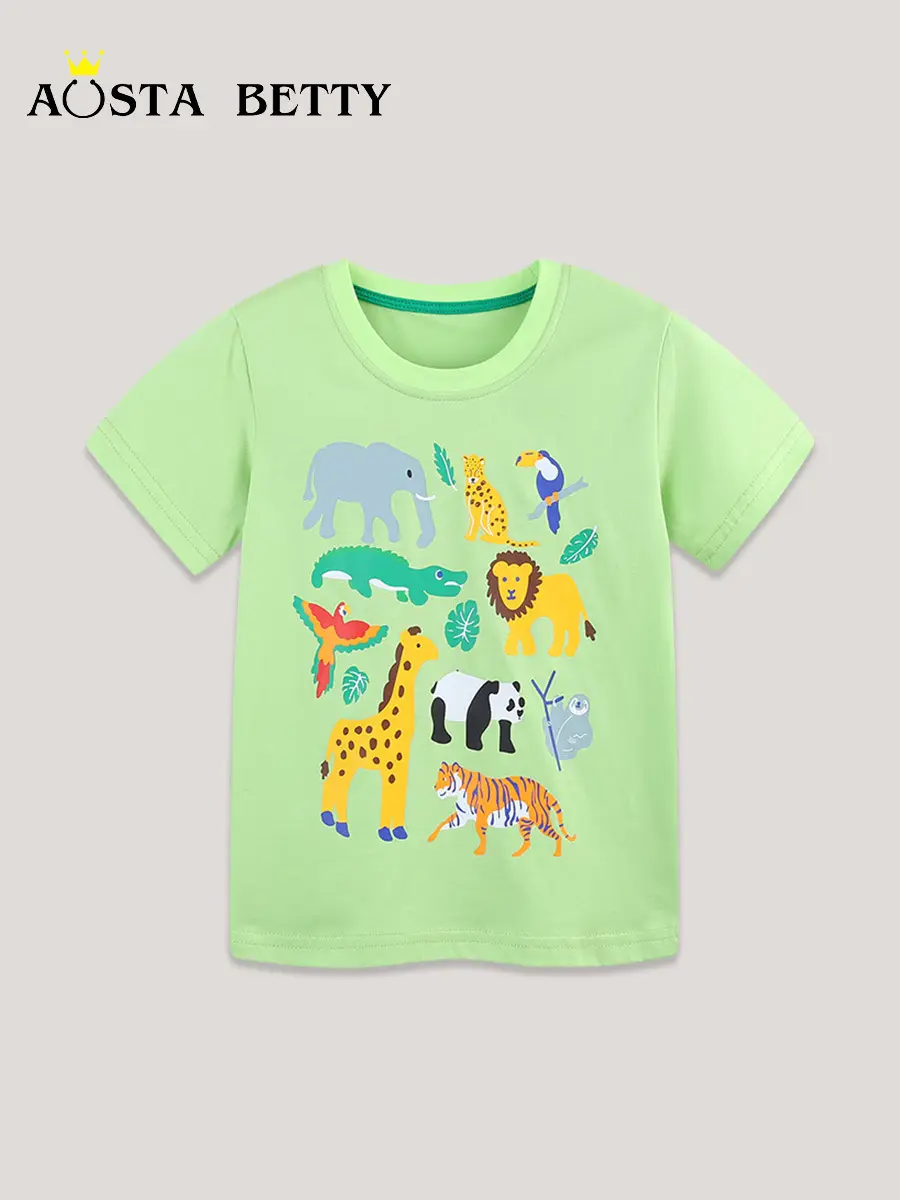 2026 New Boys T-Shirt Green Animal Print Round Neck Knitted Cotton - Image 2