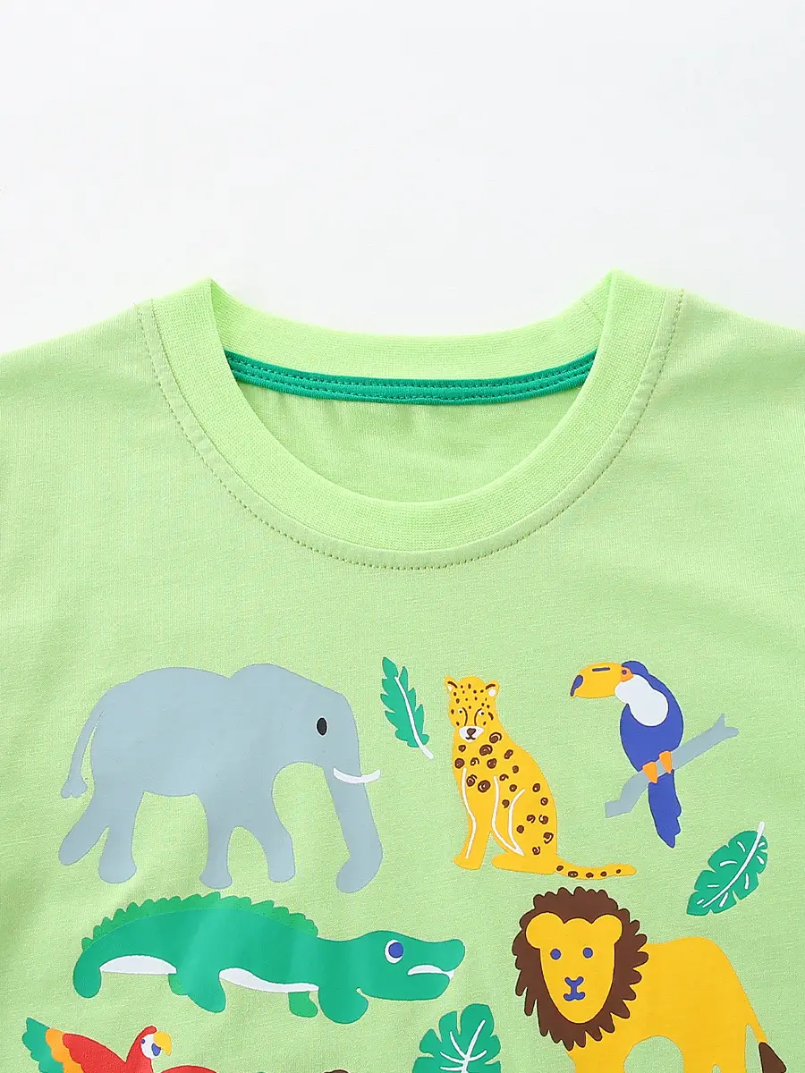 2026 New Boys T-Shirt Green Animal Print Round Neck Knitted Cotton - Image 6