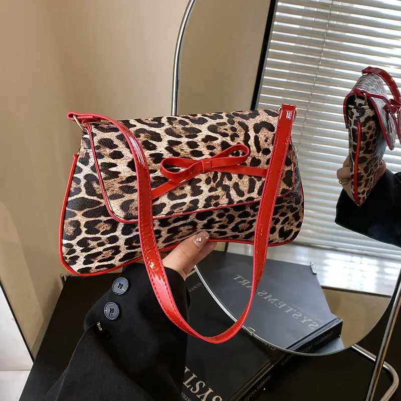 Leopard Print PU Leather Shoulder Bag with Red Bow - Image 2