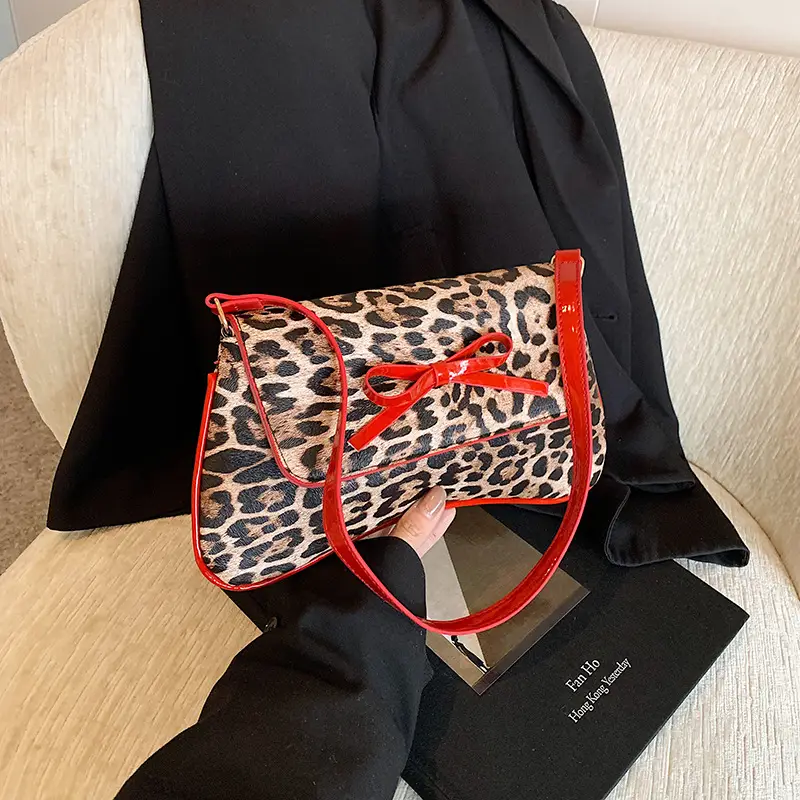 Leopard Print PU Leather Shoulder Bag with Red Bow - Image 3