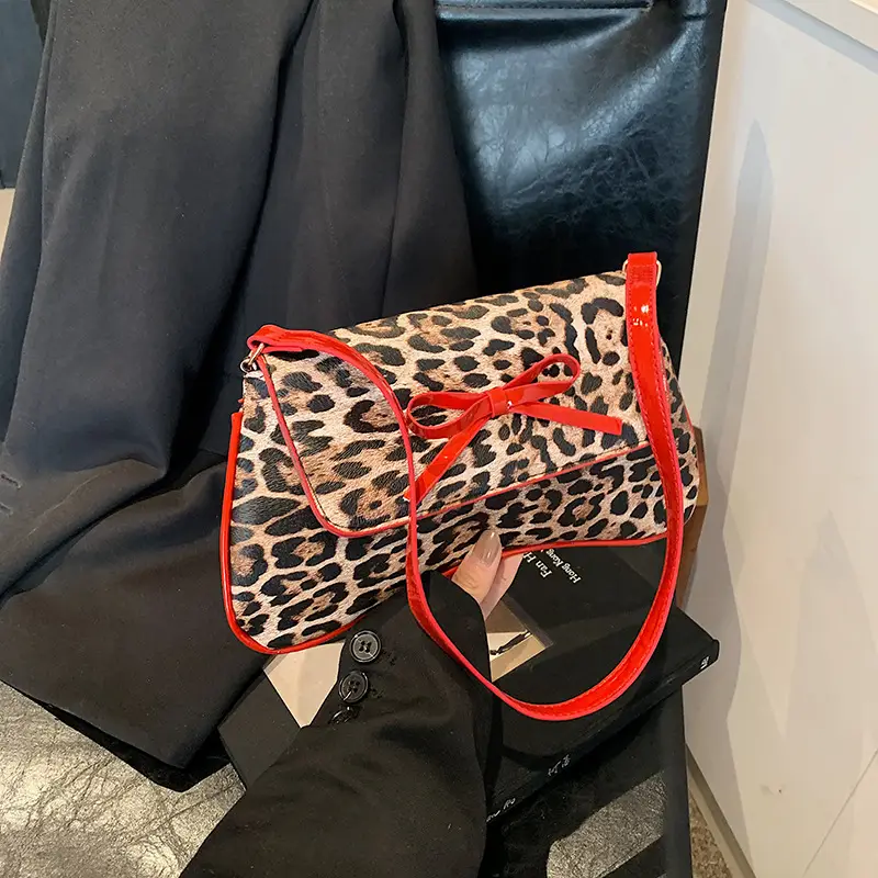 Leopard Print PU Leather Shoulder Bag with Red Bow - Image 4