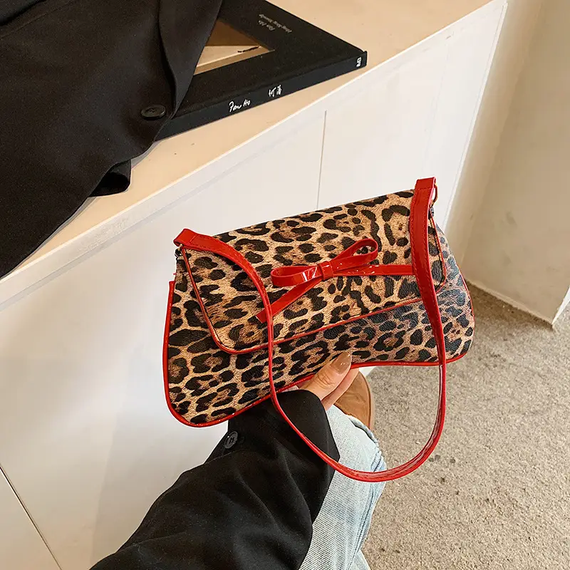 Leopard Print PU Leather Shoulder Bag with Red Bow - Image 5