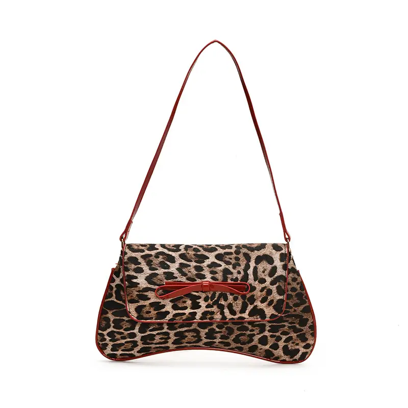 Leopard Print PU Leather Shoulder Bag with Red Bow - Image 6