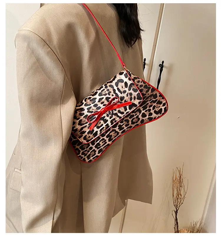 Leopard Print PU Leather Shoulder Bag with Red Bow — feature 1