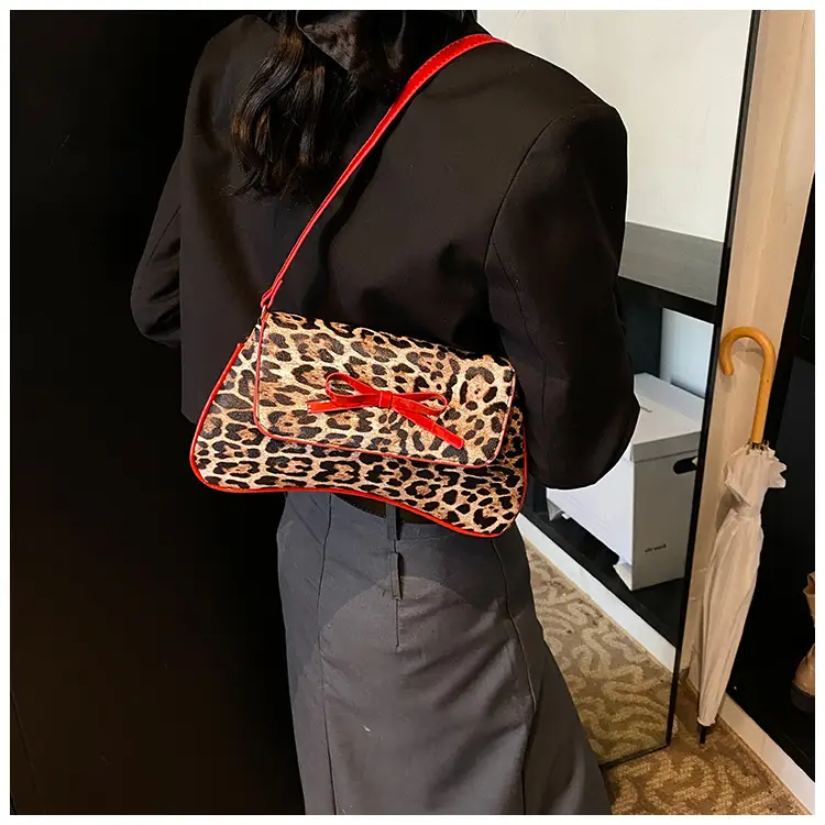 Leopard Print PU Leather Shoulder Bag with Red Bow — feature 10