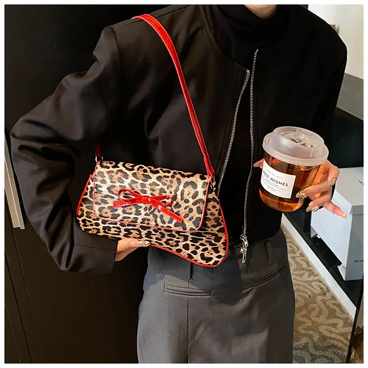 Leopard Print PU Leather Shoulder Bag with Red Bow — feature 11