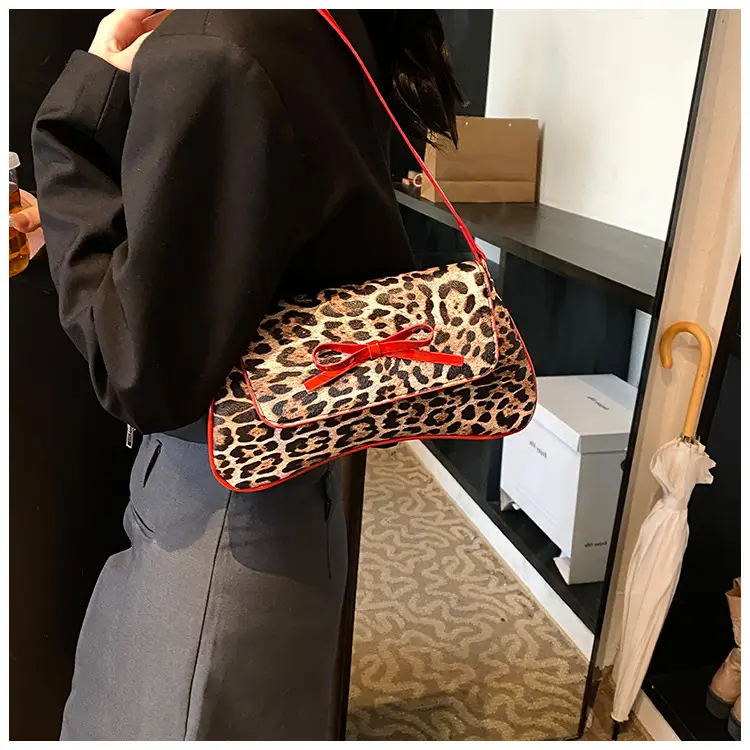 Leopard Print PU Leather Shoulder Bag with Red Bow — feature 12