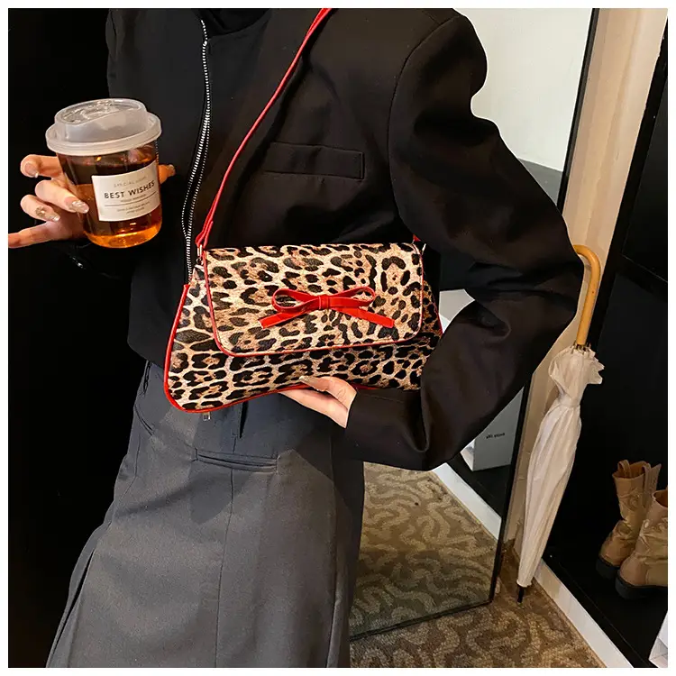 Leopard Print PU Leather Shoulder Bag with Red Bow — feature 13