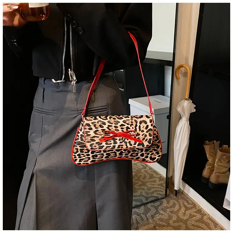 Leopard Print PU Leather Shoulder Bag with Red Bow — feature 14