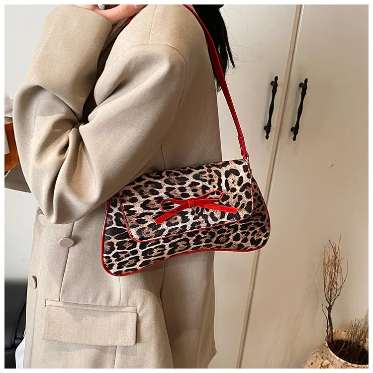 Leopard Print PU Leather Shoulder Bag with Red Bow — feature 15
