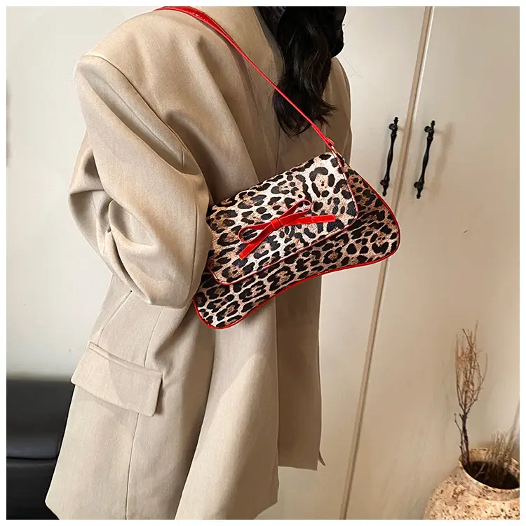 Leopard Print PU Leather Shoulder Bag with Red Bow — feature 16