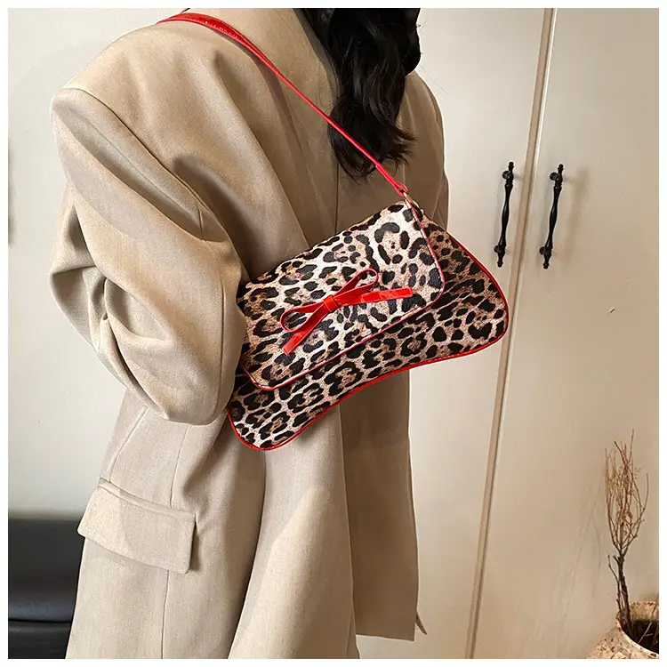 Leopard Print PU Leather Shoulder Bag with Red Bow — feature 17