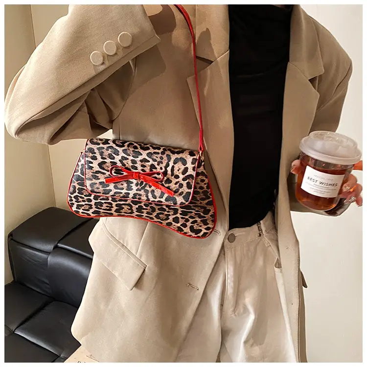 Leopard Print PU Leather Shoulder Bag with Red Bow — feature 18