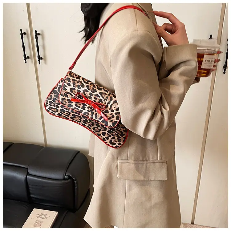Leopard Print PU Leather Shoulder Bag with Red Bow — feature 19