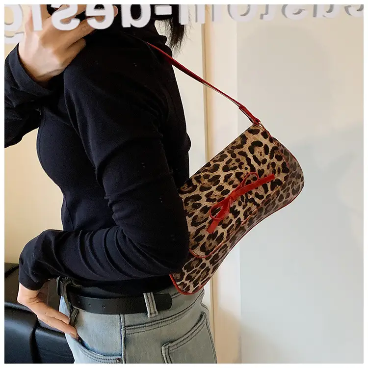 Leopard Print PU Leather Shoulder Bag with Red Bow — feature 21