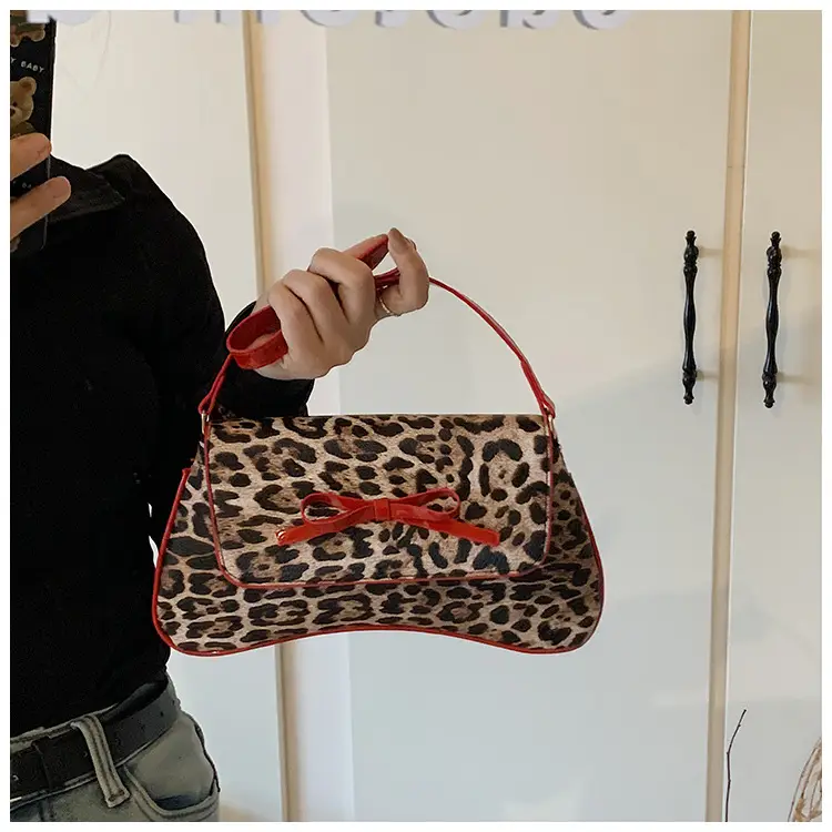 Leopard Print PU Leather Shoulder Bag with Red Bow — feature 22