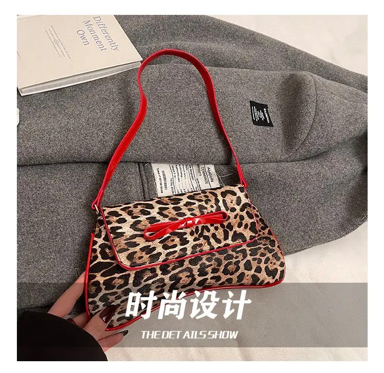 Leopard Print PU Leather Shoulder Bag with Red Bow — feature 4