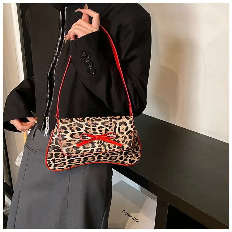 Leopard Print PU Leather Shoulder Bag with Red Bow — feature 6