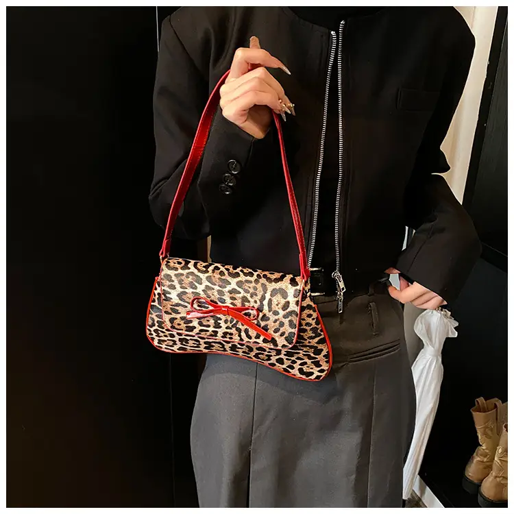Leopard Print PU Leather Shoulder Bag with Red Bow — feature 7