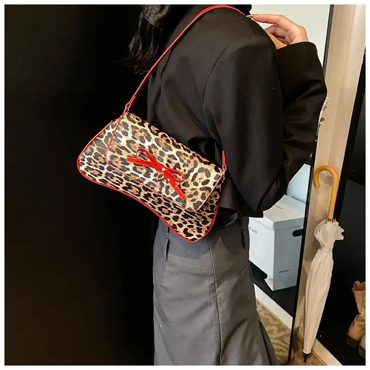 Leopard Print PU Leather Shoulder Bag with Red Bow — feature 9