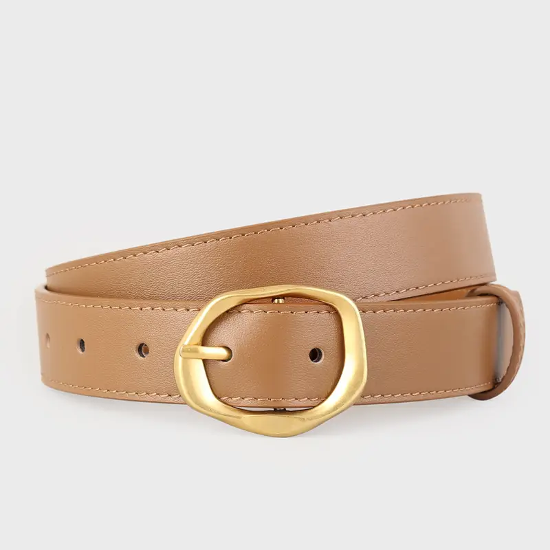 Brown Genuine Leather Belt with Gold Buckle - Image 2