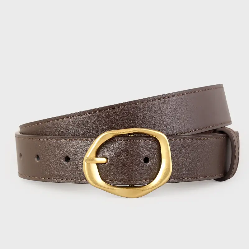 Brown Genuine Leather Belt with Gold Buckle - Image 3