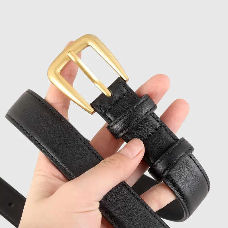 Women's Black Leather Belt with Gold Buckle - Image 4