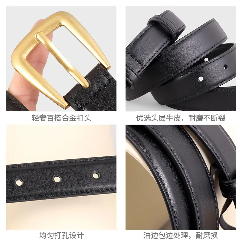 Women's Black Leather Belt with Gold Buckle - Image 6