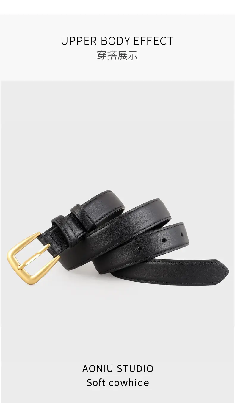 Women's Black Leather Belt with Gold Buckle — feature 11