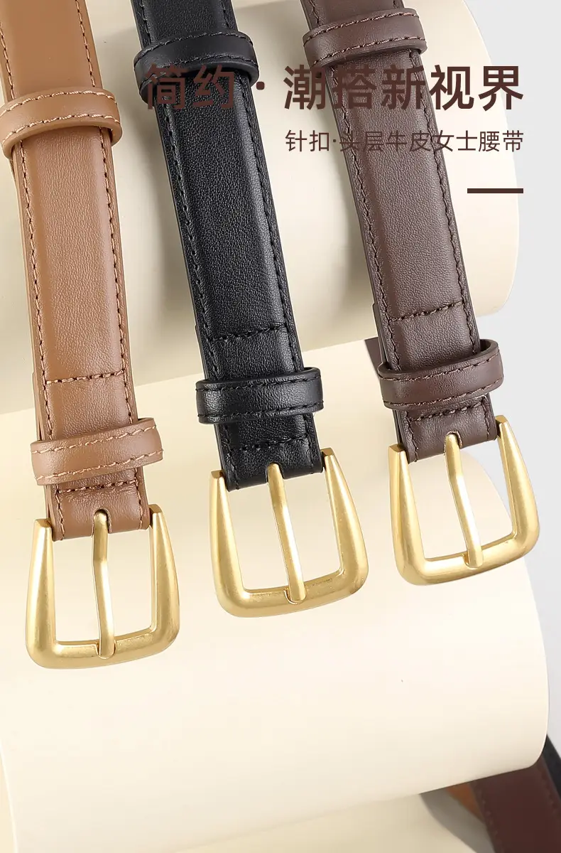 Women's Black Leather Belt with Gold Buckle — feature 4
