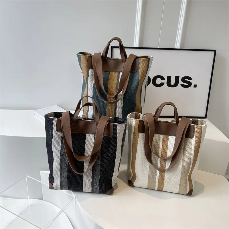 Women Retro Canvas Tote Bag Black White Stripes 2026 - Image 5
