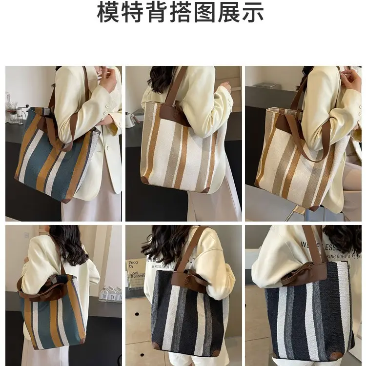 Women Retro Canvas Tote Bag Black White Stripes 2026 - Image 6