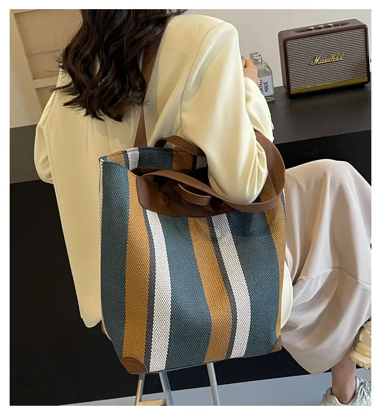 Women Retro Canvas Tote Bag Black White Stripes 2026 — feature 1