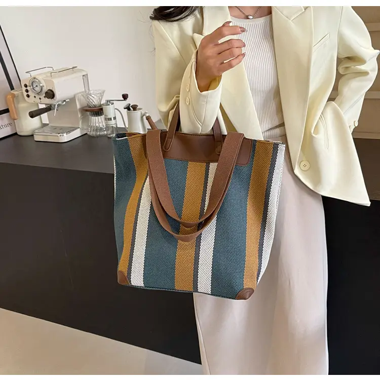 Women Retro Canvas Tote Bag Black White Stripes 2026 — feature 11