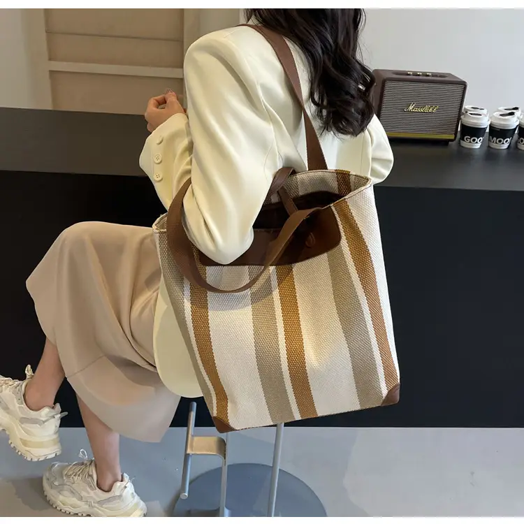 Women Retro Canvas Tote Bag Black White Stripes 2026 — feature 12